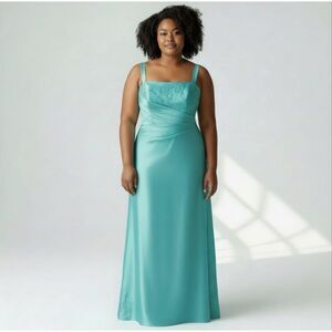 ONYX Nite Sleeveless Solid Blue Wrap Long Prom Dress with beading size 14W